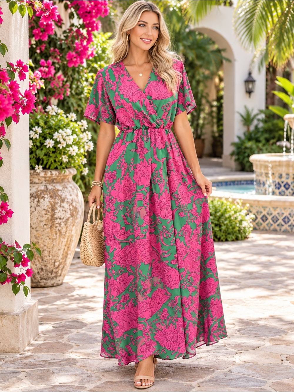SHEIN Pink Green Floral Wrap Maxi Dress Short Sleeve